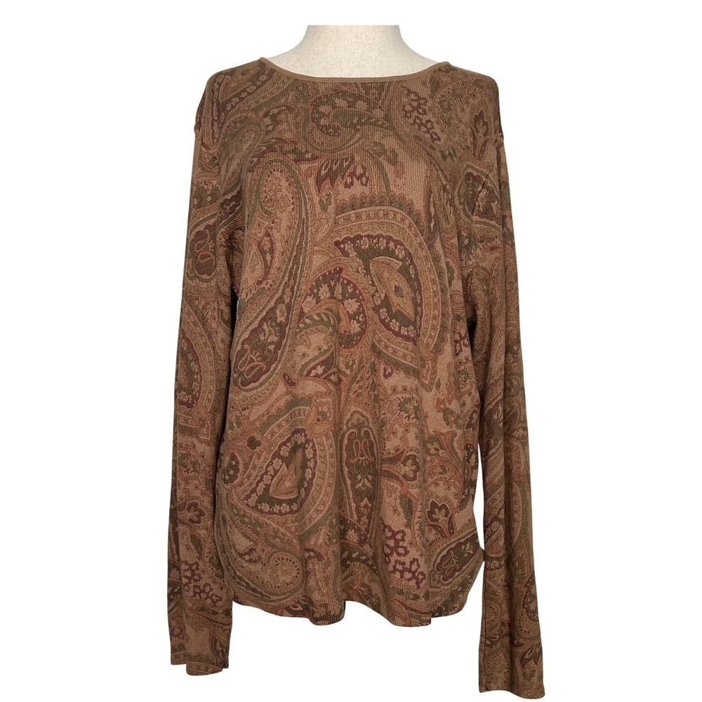 Lauren Ralph Lauren Women 1X Knit Sweater Brown Paisley Silk Cashmere Blend